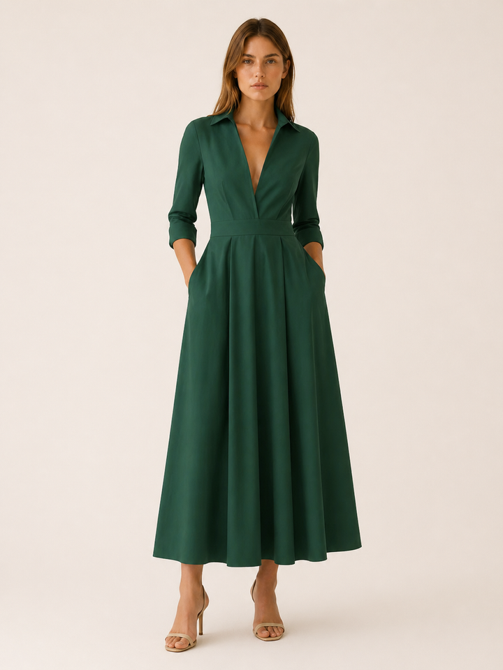 Beige Midi Shirt Dress with Pleated Skirt and Pockets – close-up