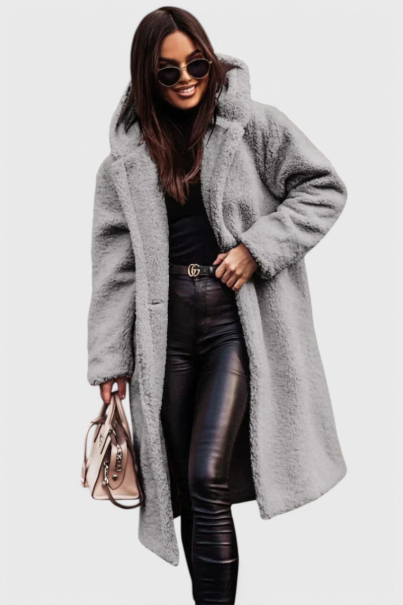 Mila long coat worn over outfit front view