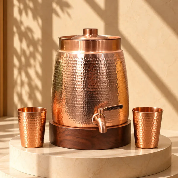 Hammered pure copper water dispenser, 170oz, with tap and stand