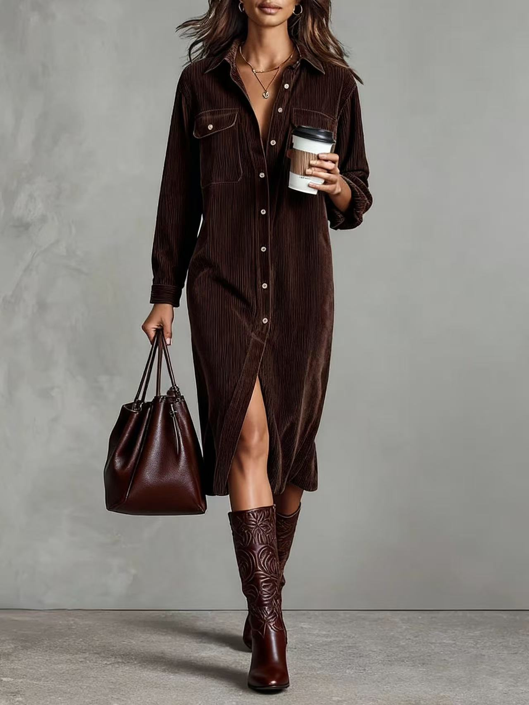 women's midi dress gray – corduroy pocket single breasted