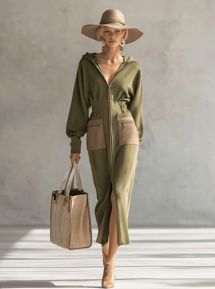 Linda olive dress zip detail – hood and zip-up close-up women