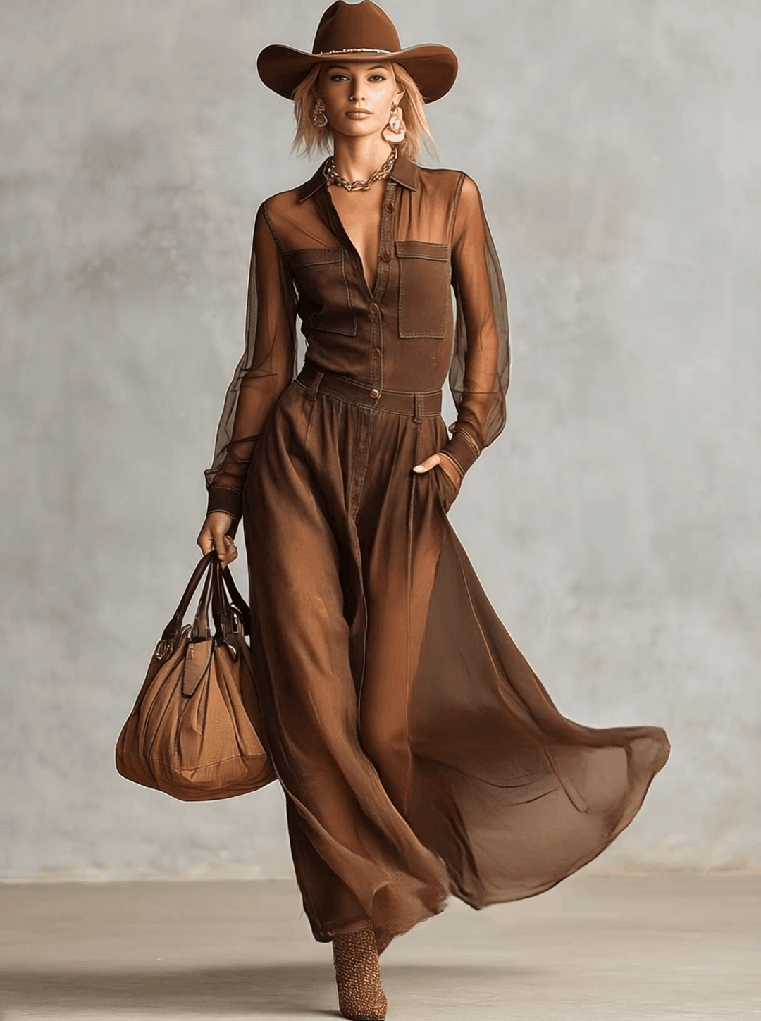 Diana western brown dress detail – button V-neck close-up women