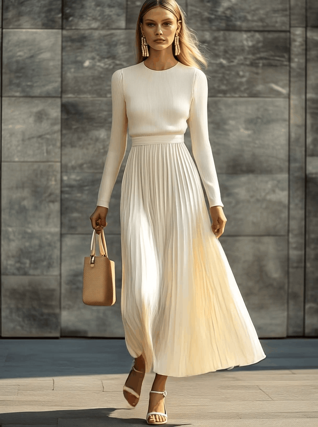 Clara maxi dress – side view cream satin pleated style women