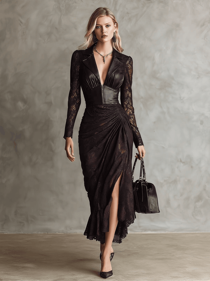 Vivienne leather lace dress detail – lace panel fabric close-up