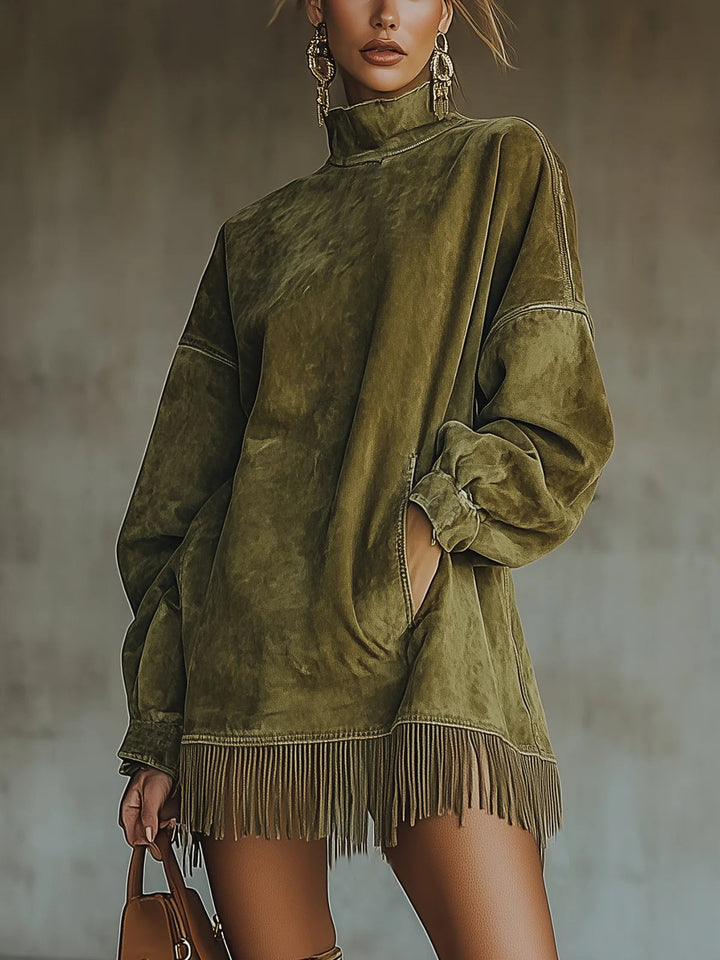 Grace olive faux suede turtleneck fringe mini dress – front