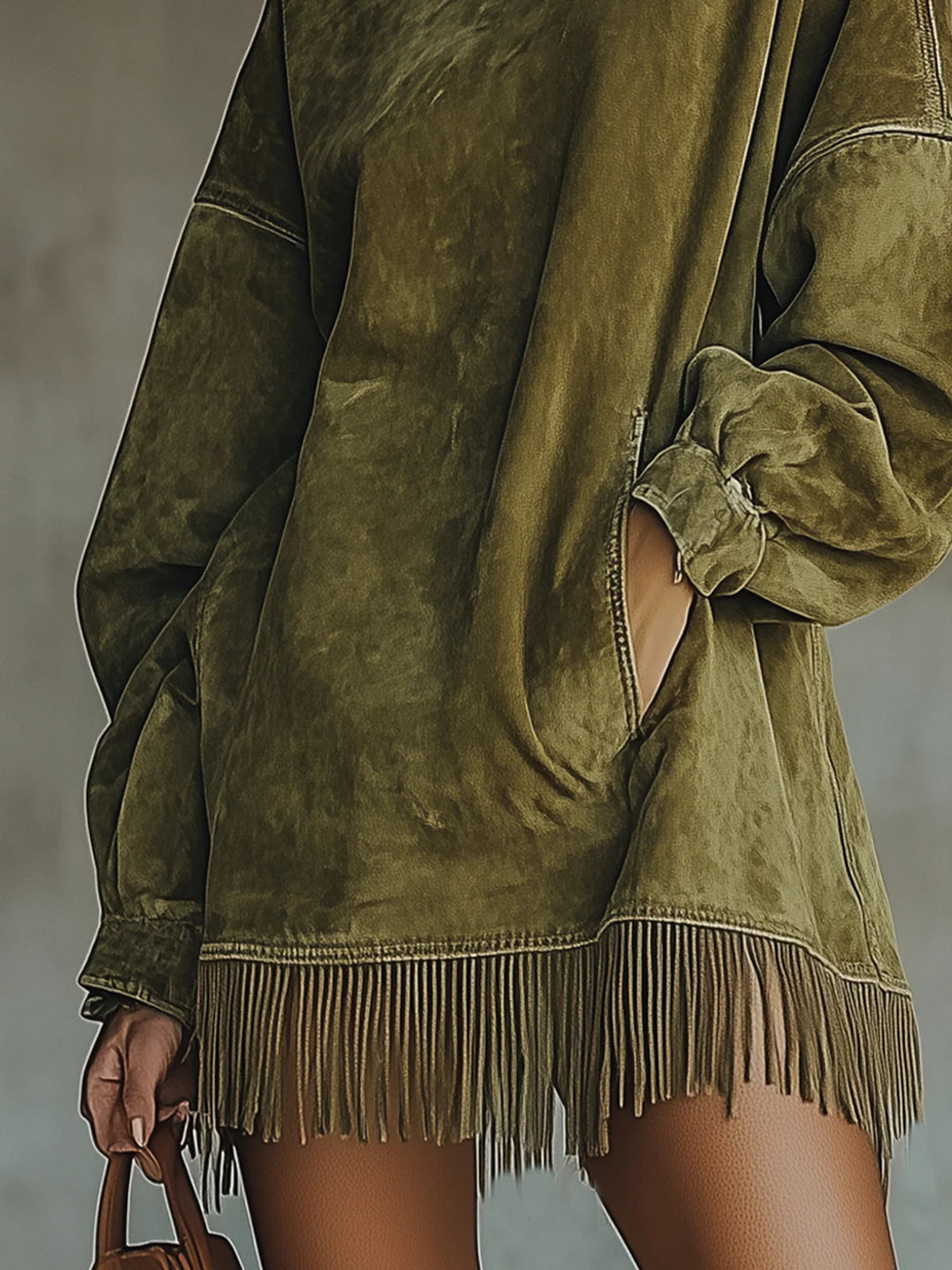 faux suede fringe mini dress – olive green women's fashion