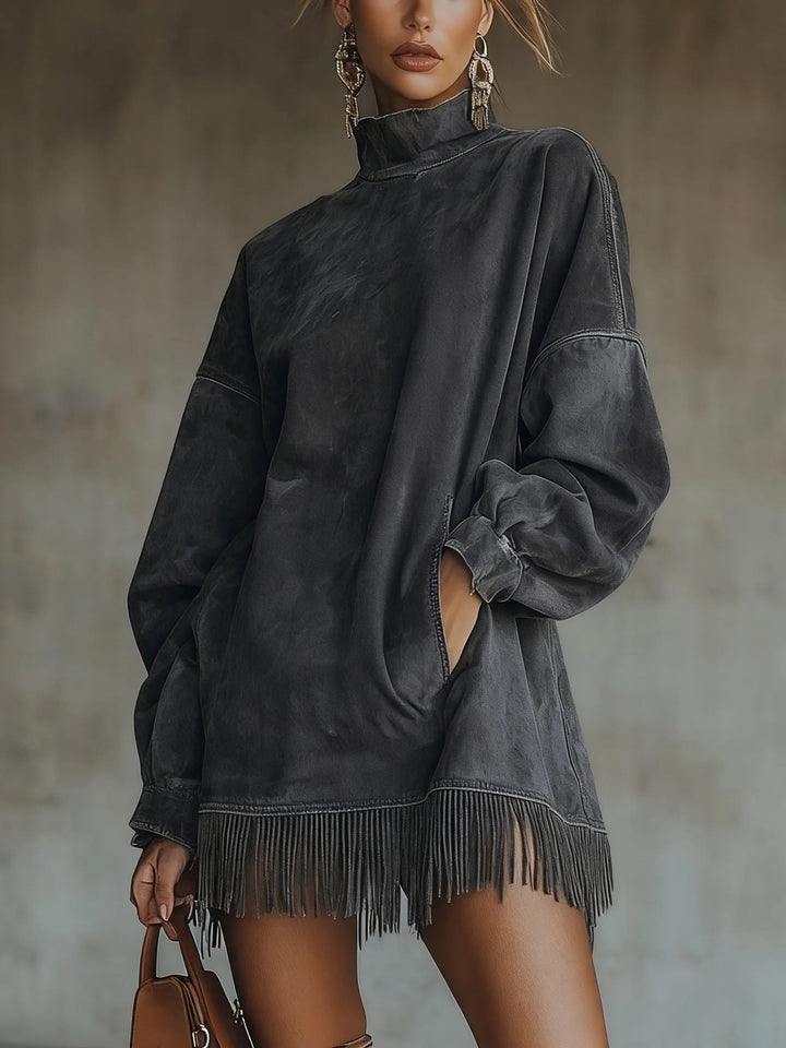 olive suede turtleneck mini dress – fringe hem women's