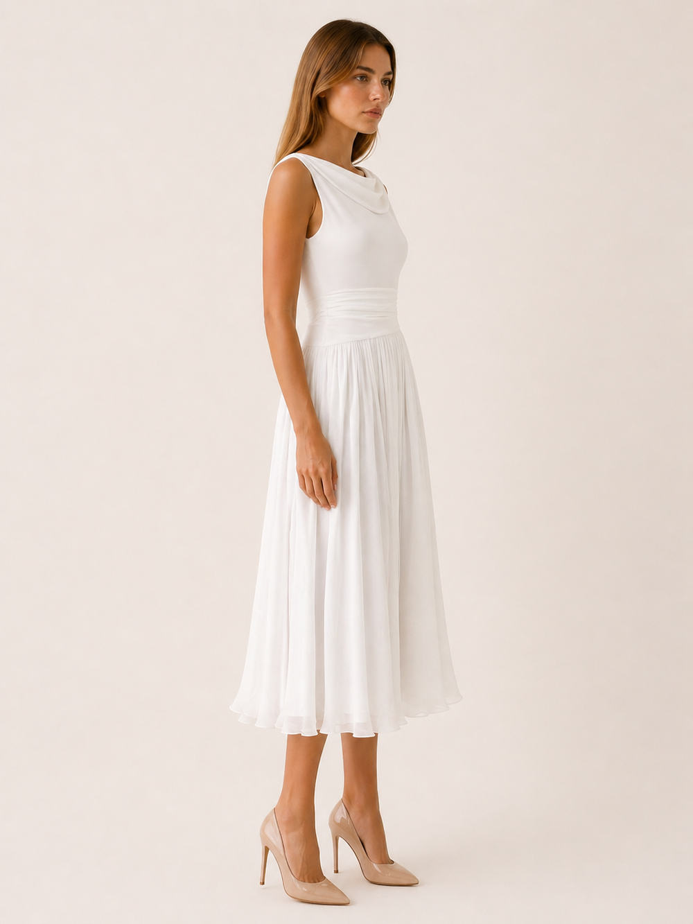 Black Pleated Midi Dress with Draped Neckline – side view