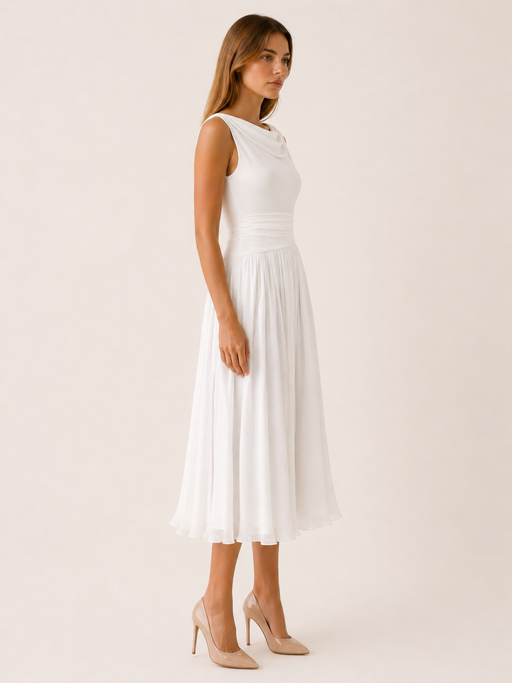 Black Pleated Midi Dress with Draped Neckline – side view