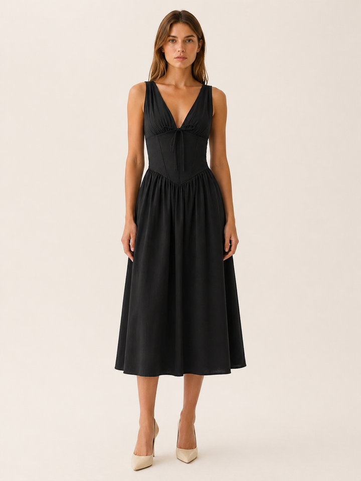 Black Plunge Midi Dress with Twist Front – front view