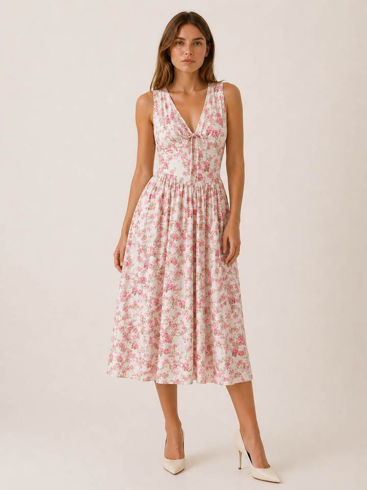 Red Plunge Midi Dress with Twist Front – editorial view