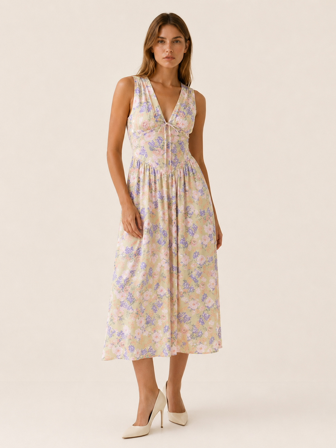 Black Plunge Midi Dress with Twist Front – full length view