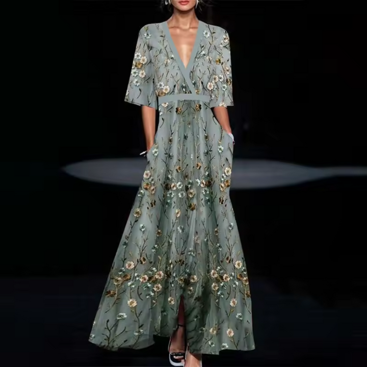 Michelle - Elegant Floral Wrap Dress — close-up detail