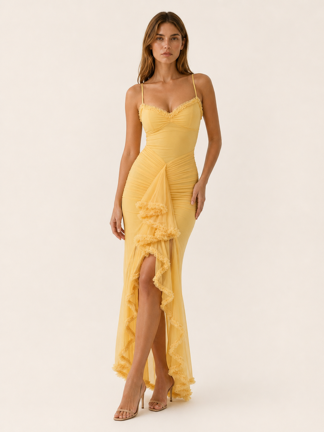 Burgundy Ruffle Maxi Dress with Ruched Detail – front view