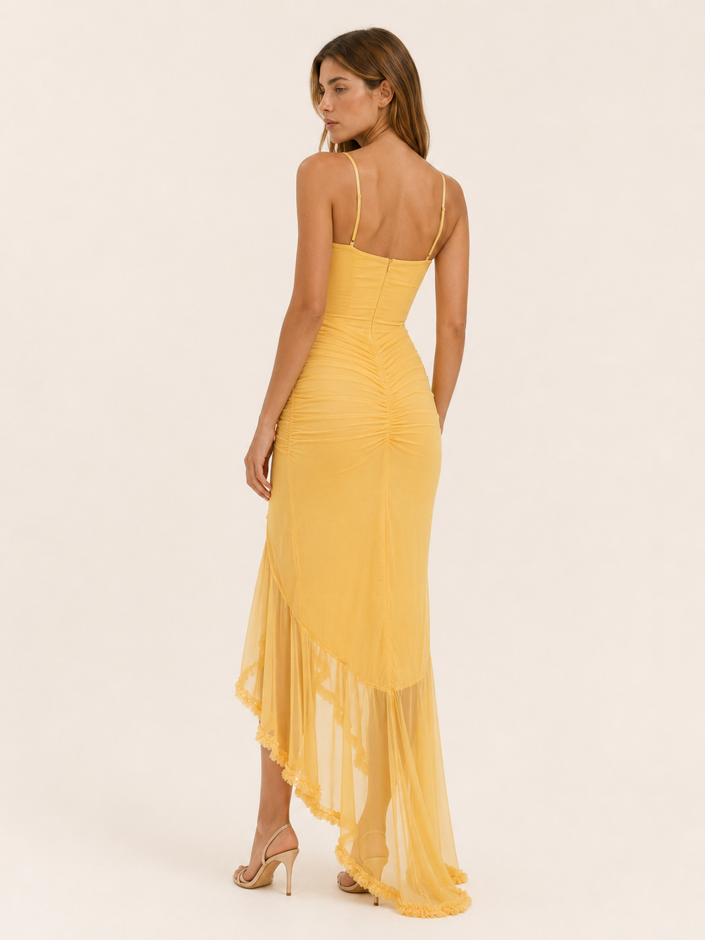 Burgundy Ruffle Maxi Dress with Ruched Detail – side view