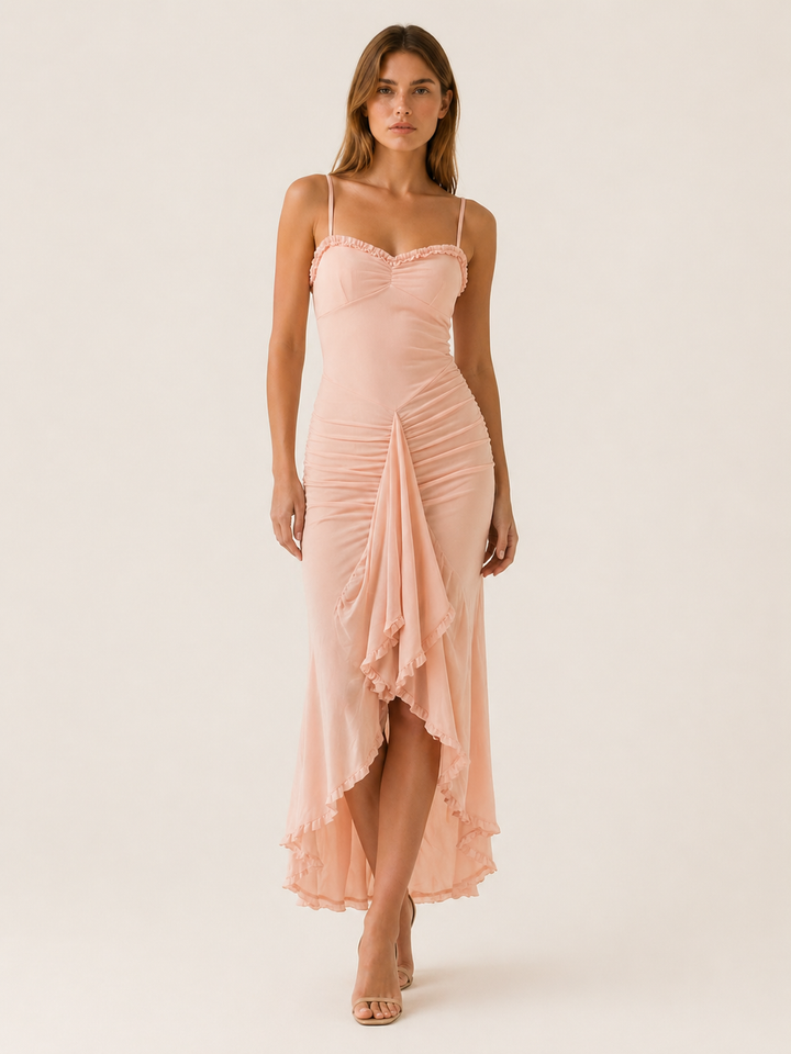 Burgundy Ruffle Maxi Dress with Ruched Detail – close-up