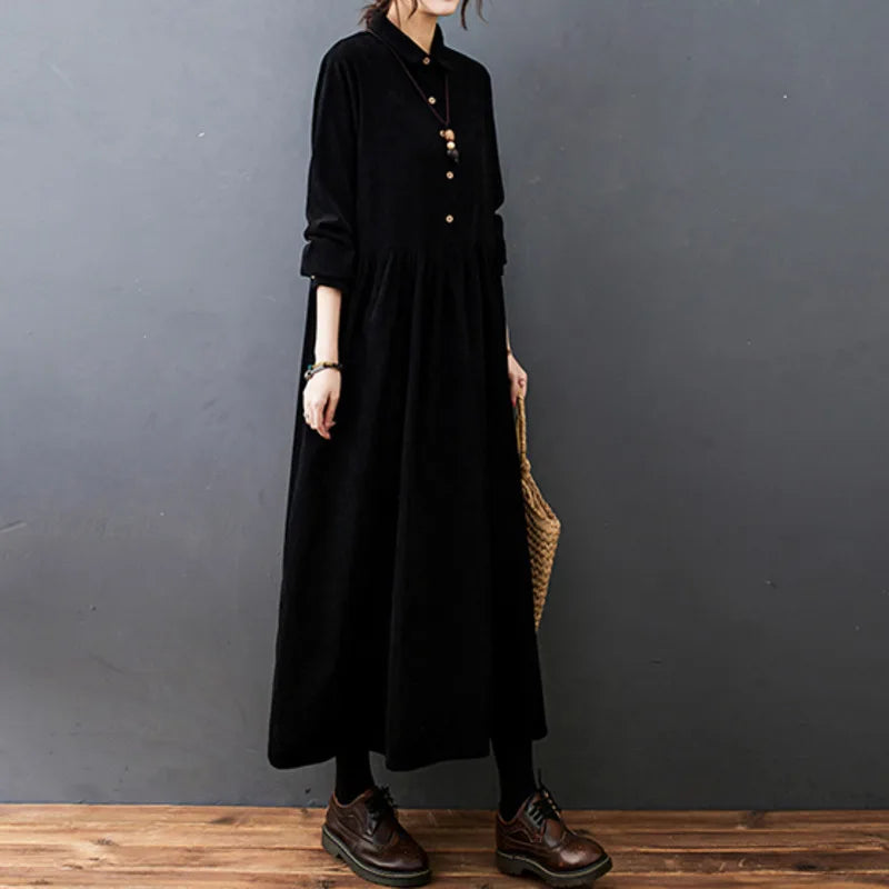 Evelyne classic shirt dress back – long sleeve flowing maxi women