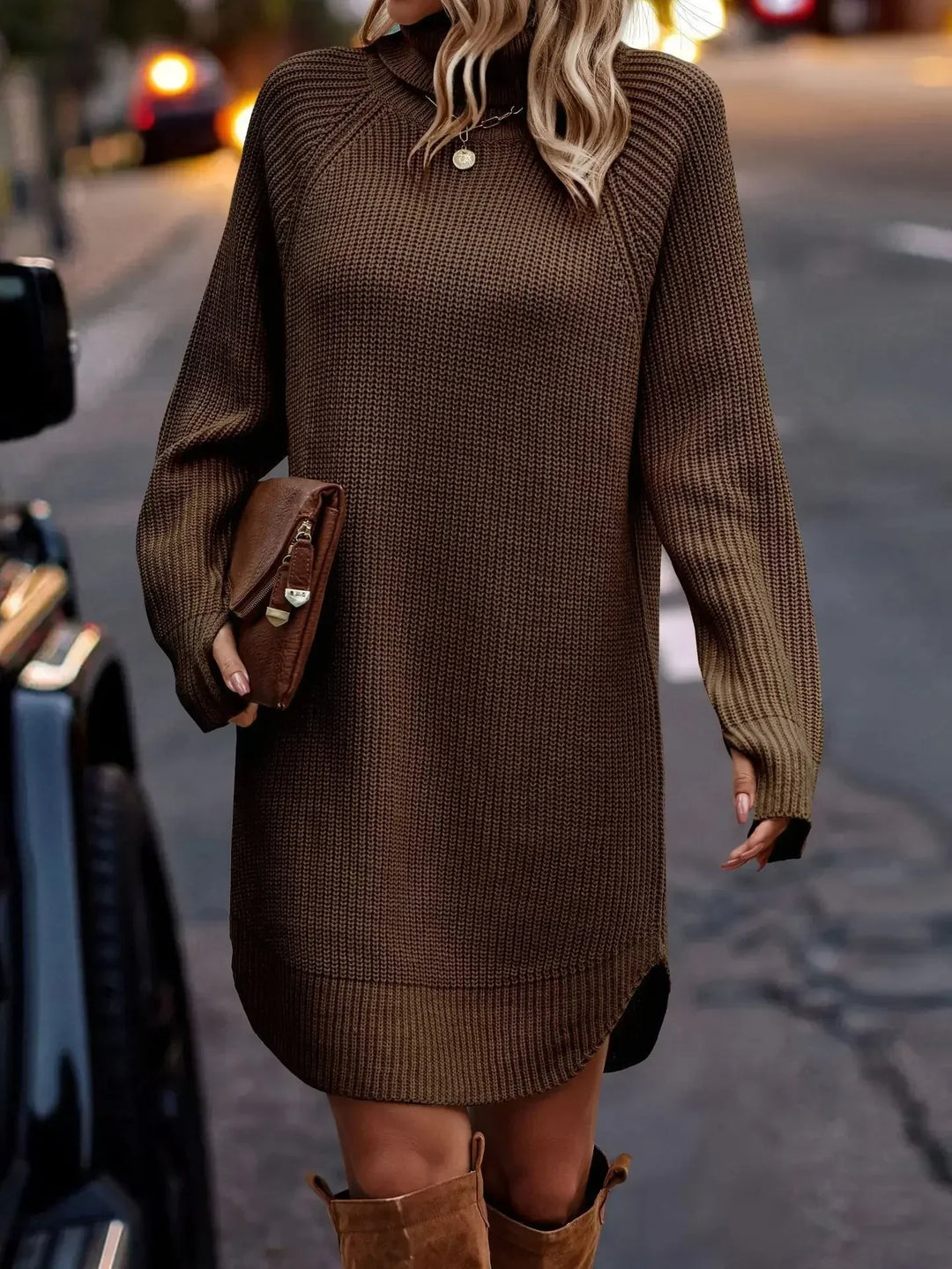 Scarlett cozy winter dress – side view flattering silhouette women