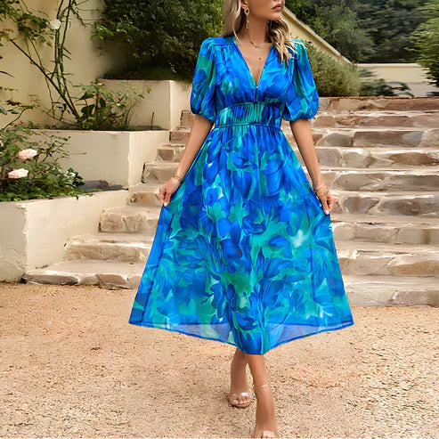 Everly - Vintage Glam Lantern Sleeve Midi Dress — front view