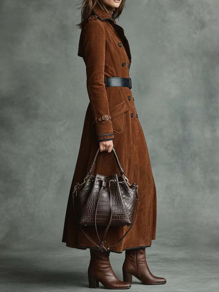 suede coat women's fashion – dark brown trench style