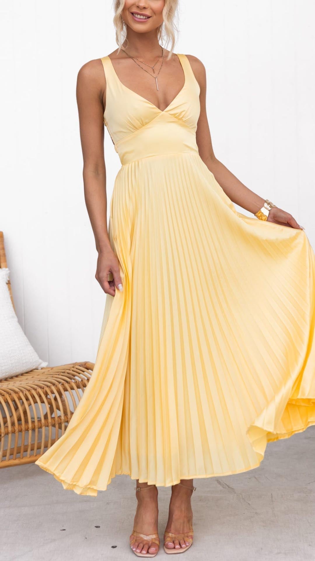 Victoria - Yellow Pleated V-Neck Maxi Dress — front view