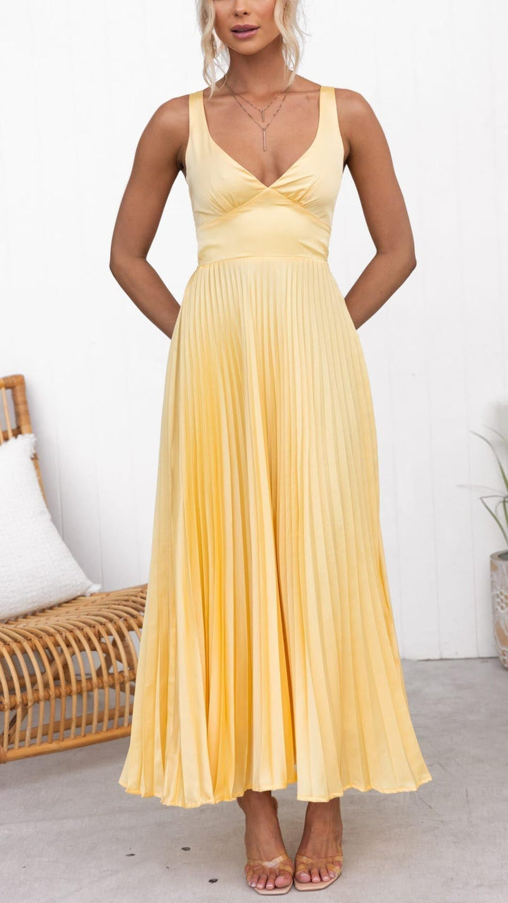 Victoria - Yellow Pleated V-Neck Maxi Dress — side view