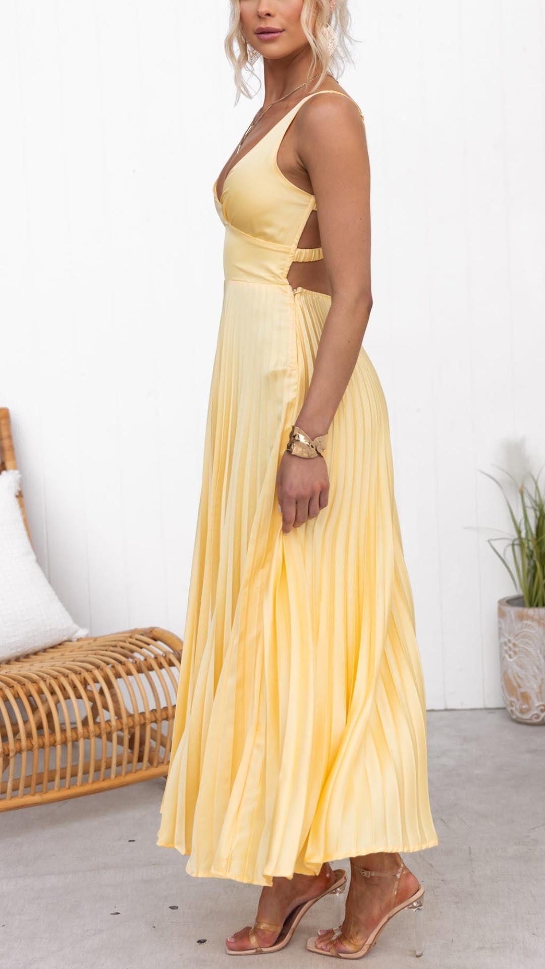 Victoria - Yellow Pleated V-Neck Maxi Dress — back view