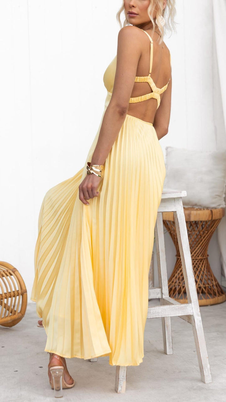 Victoria - Yellow Pleated V-Neck Maxi Dress — detail view