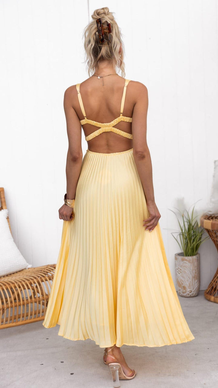 Victoria - Yellow Pleated V-Neck Maxi Dress — close-up detail