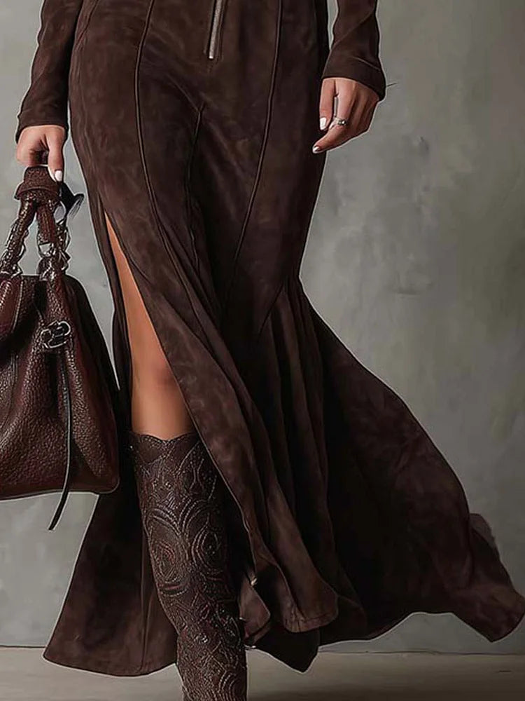women's maxi dress belted – vintage brown style