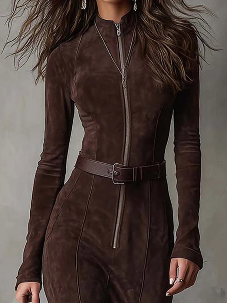 brown maxi dress vintage – Chelsea belted zipper detail