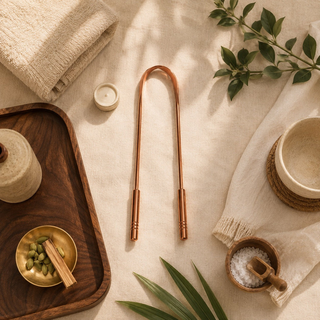 Ashwell ZenGrip copper tongue cleaner, product photo