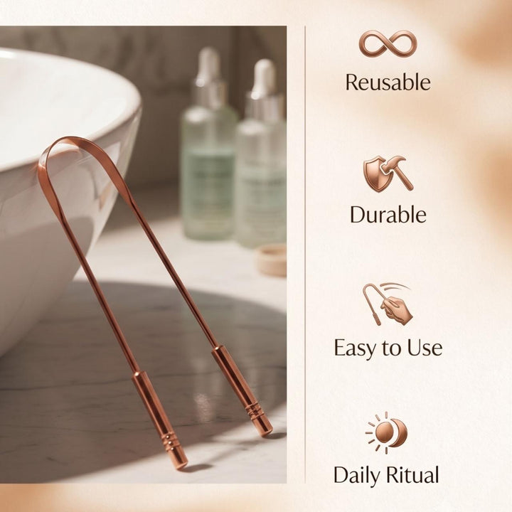 Ashwell ZenGrip copper tongue cleaner, lifestyle photo