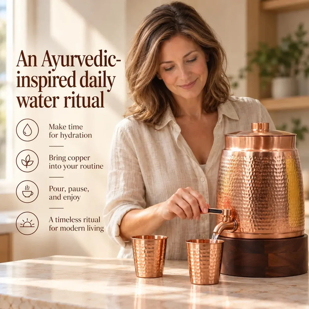Hammered copper water dispenser styled in a home kitchen setting