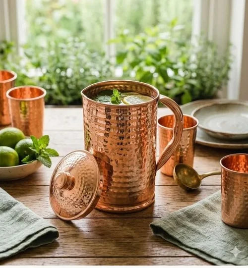 Hammered copper water carafe photographed to show the real 99.9% copper finish