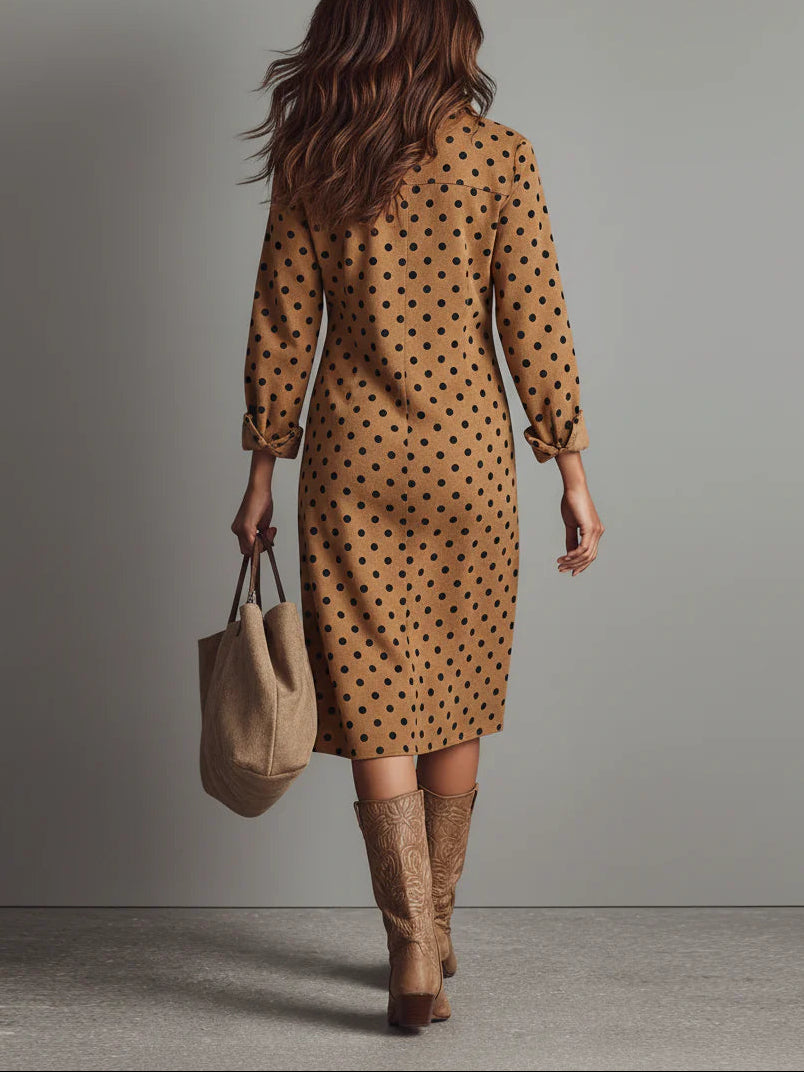 women's suede midi dress – polka dot shirt style brown
