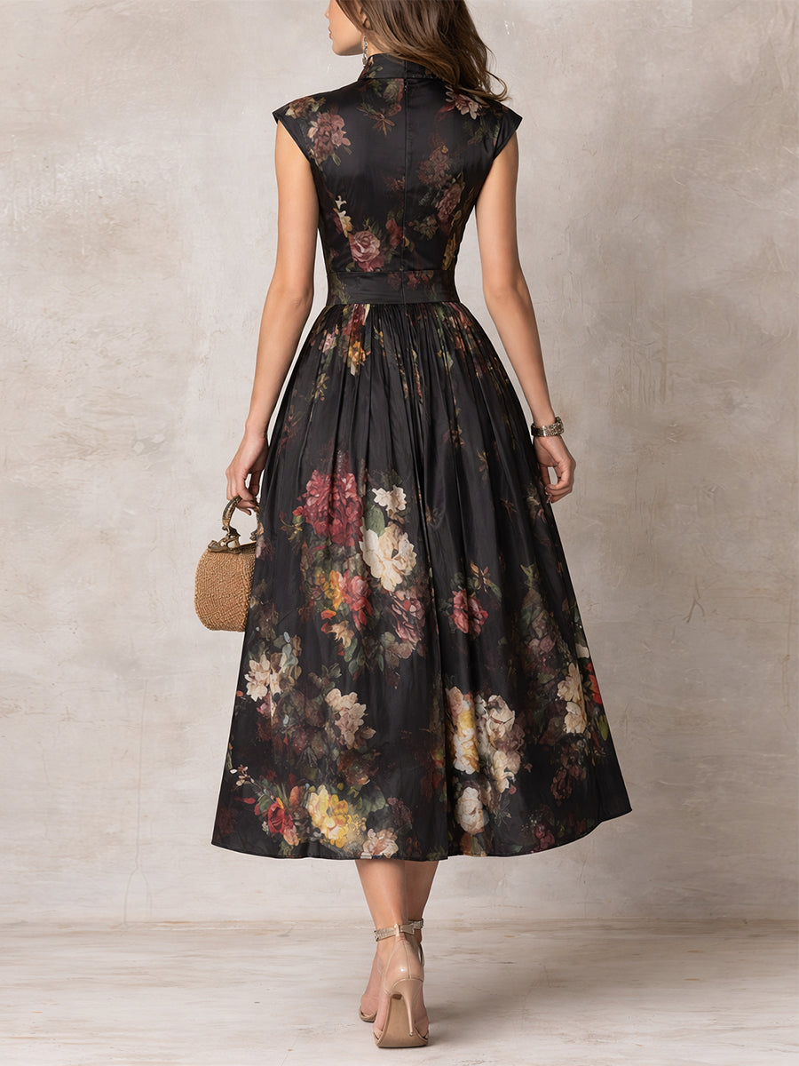 Sophia – Black Pleated Midi Dress — back view
