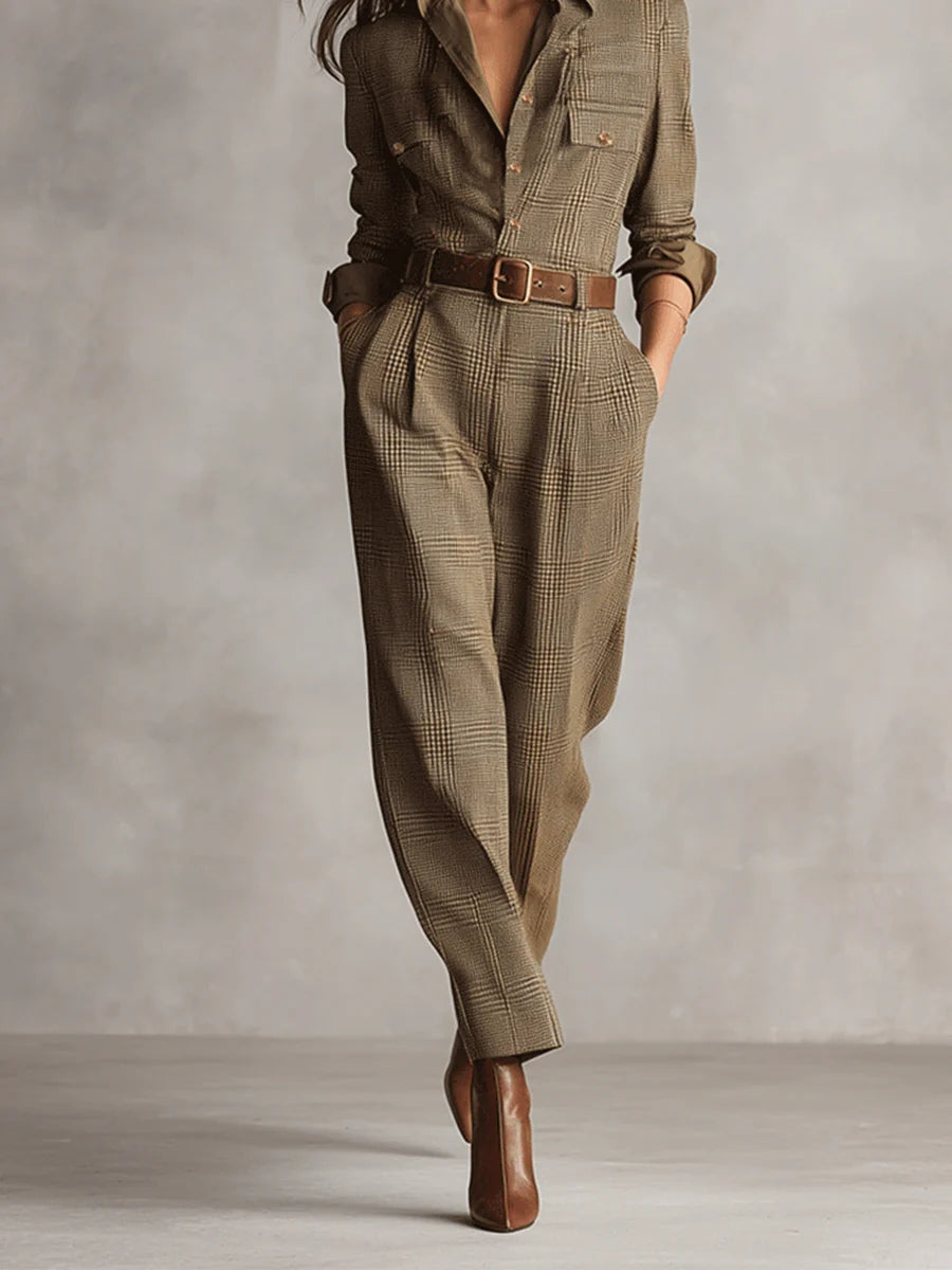 brown plaid utility jumpsuit – women's chic style
