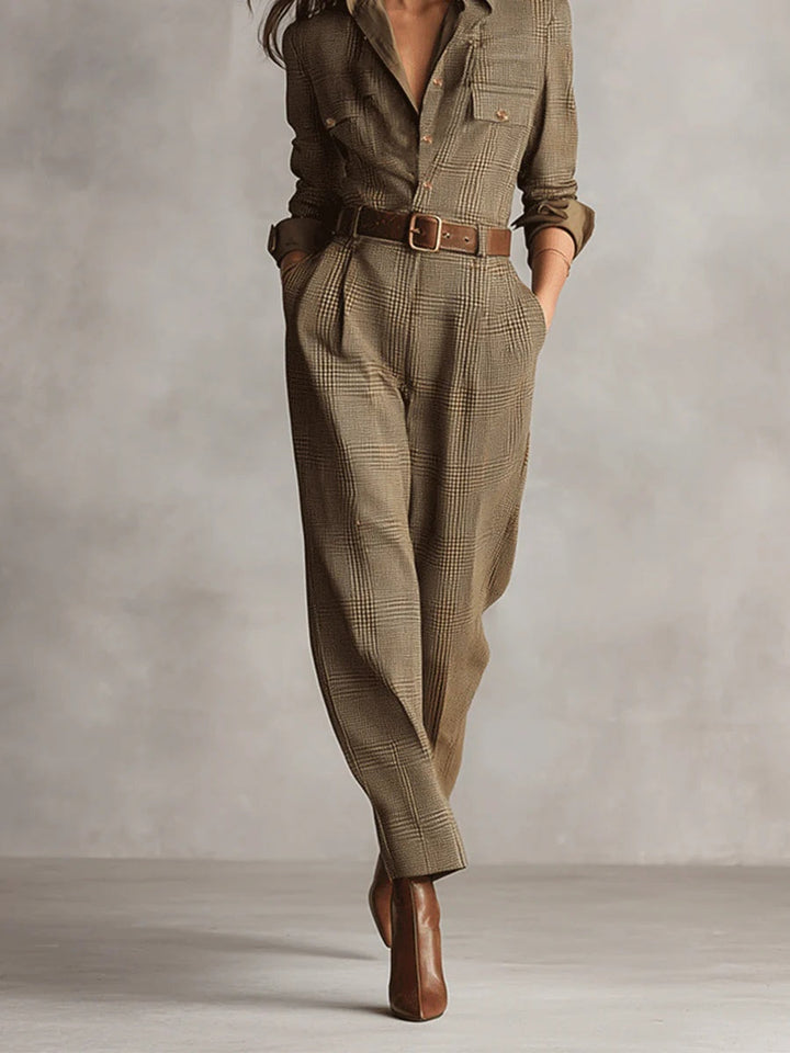 brown plaid utility jumpsuit – women's chic style