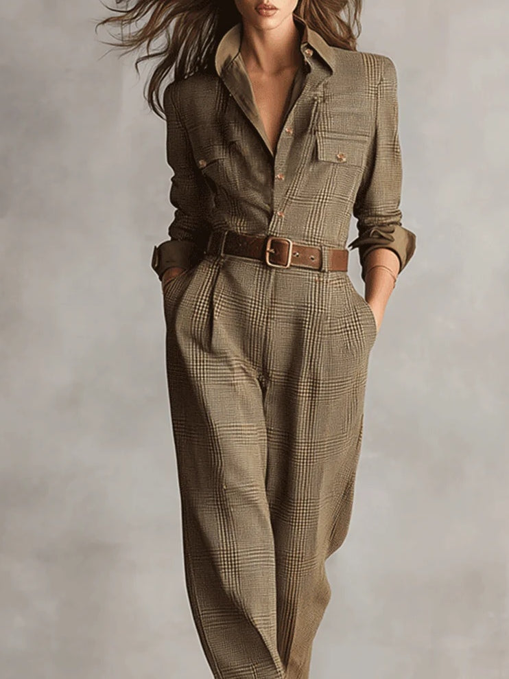 women's utility jumpsuit – brown sophisticated tweed plaid