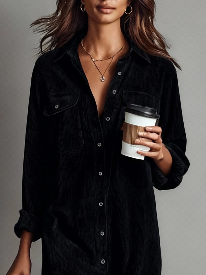 women's corduroy midi dress – black double chest pocket