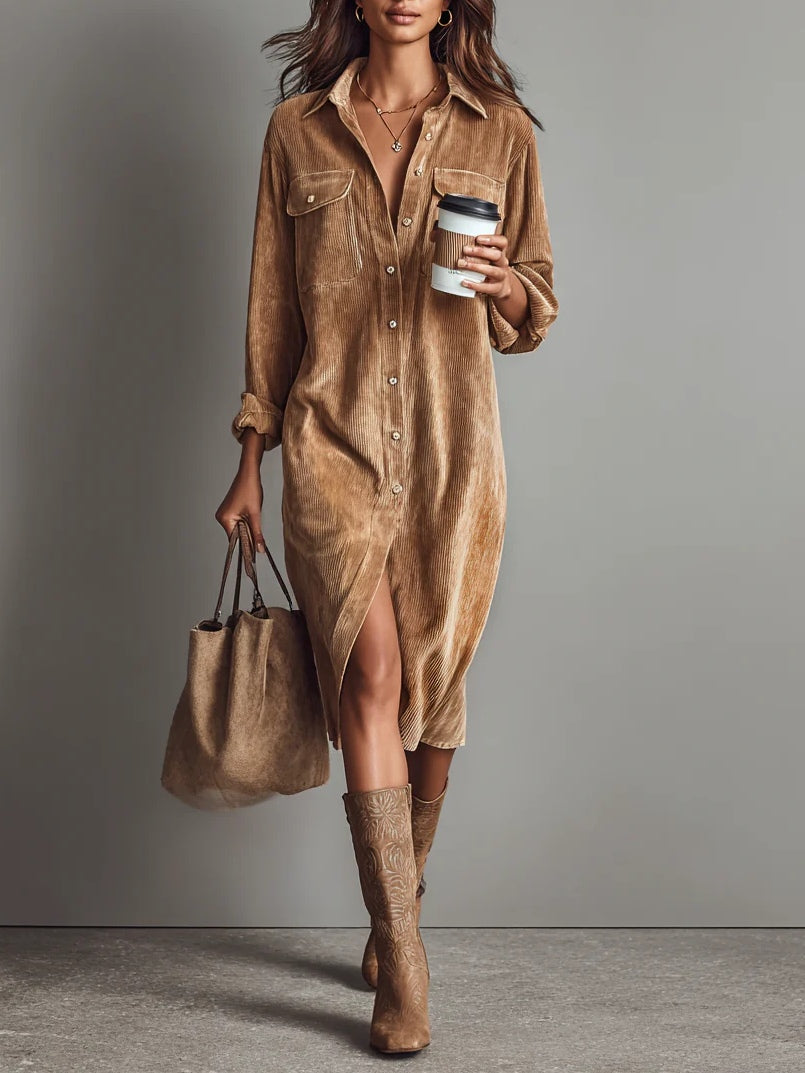 Calista brown soft-touch button-down midi dress – front