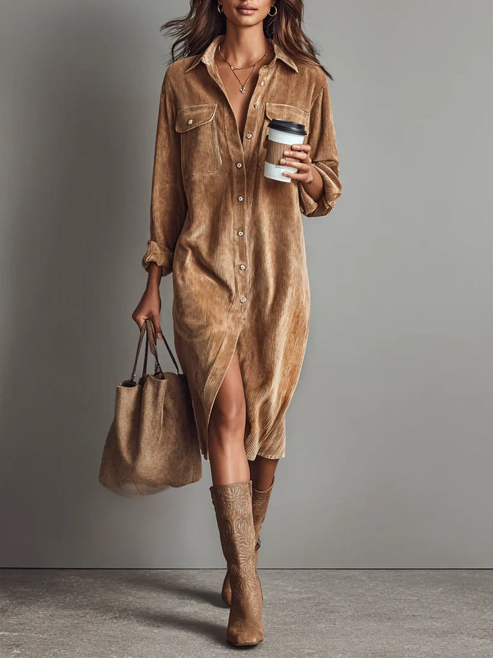 Calista brown soft-touch button-down midi dress – front