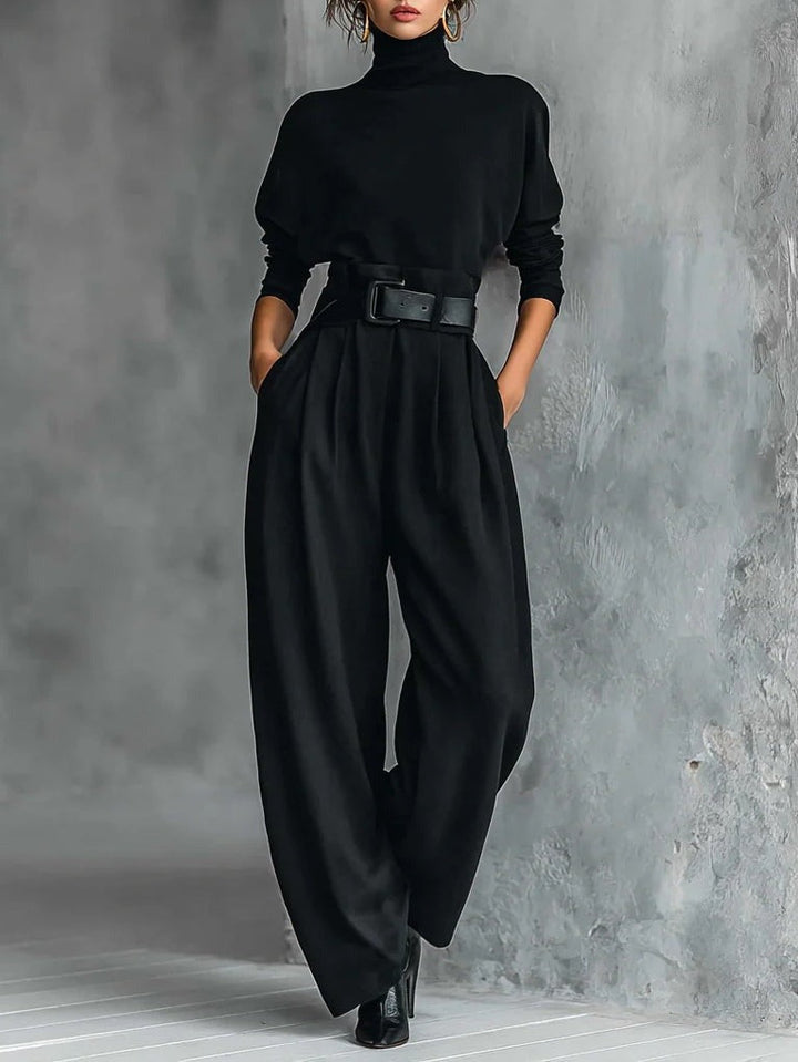 Nolya black ribbed turtleneck sweater and pants set