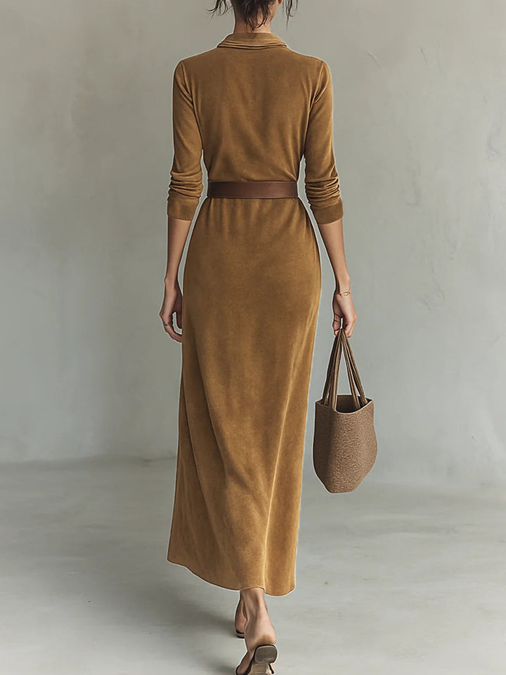 brown faux suede maxi dress – elegant lapel detail