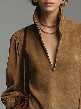 women's suede mini dress – brown turtleneck zipper style