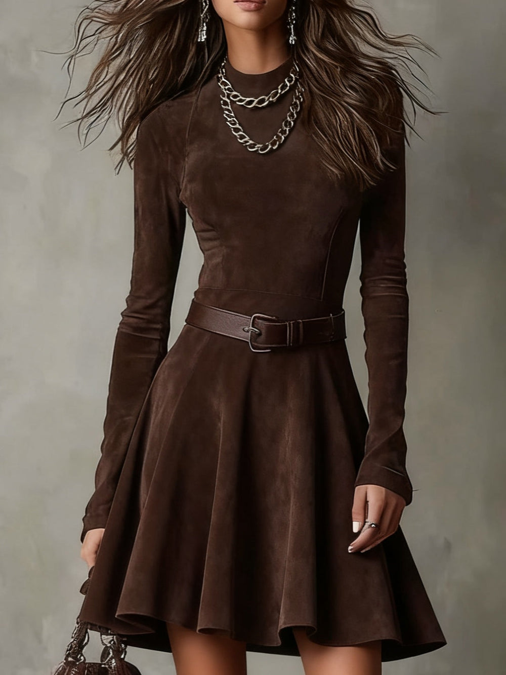 women's vintage mini dress – dark brown suede mock neck