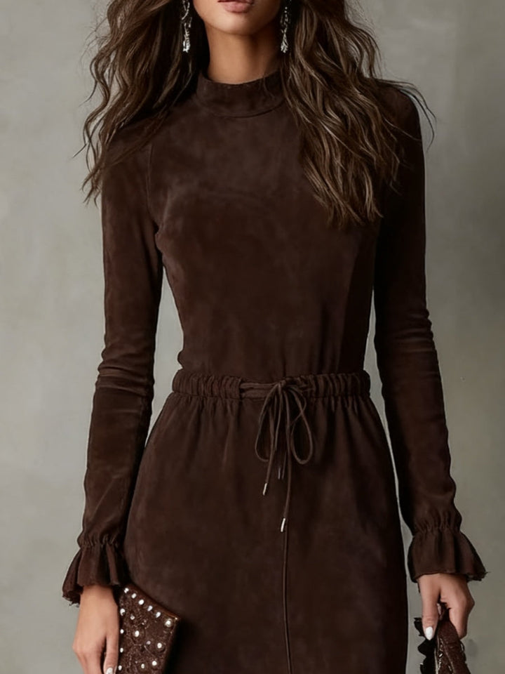 women's suede midi dress – dark brown drawstring style