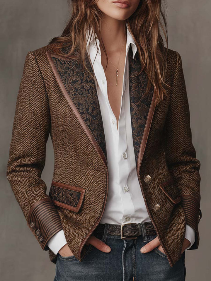 Herringbone tweed blazer printed panels front view