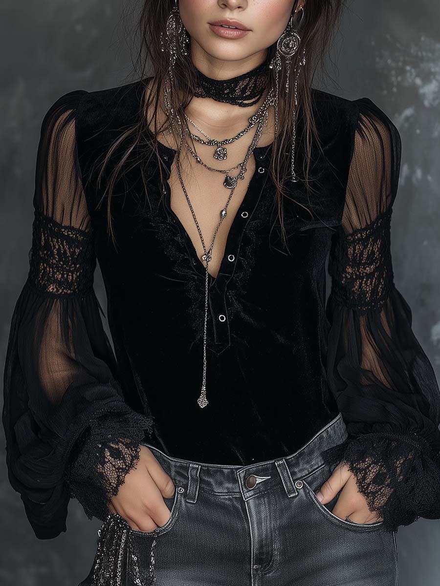 Velvet Henley collar sheer sleeve lace trim blouse front view